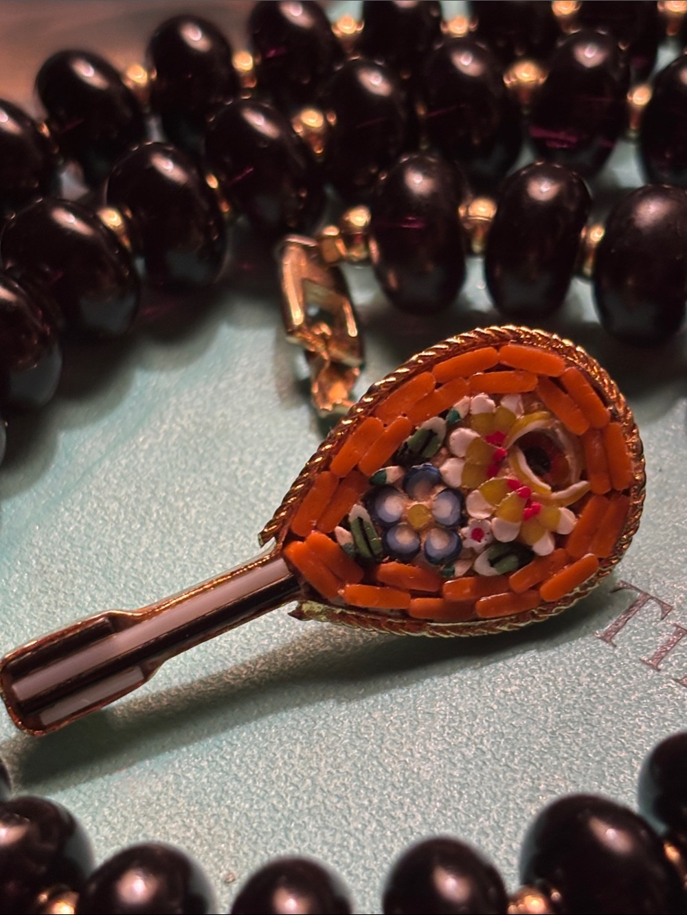 Italian floral Mosaic Mandolin Pin Brooch in gold setting Made in Italy